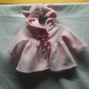 Little Lass Pink Snap front soft fleece Ribbon Kitty cat hood  3/6M